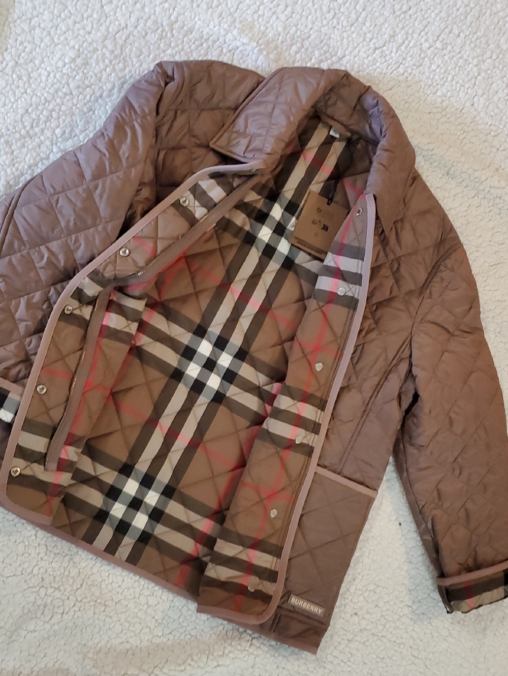 New Burberry Quilted Jacket in Rose Gold Color with Check Trim